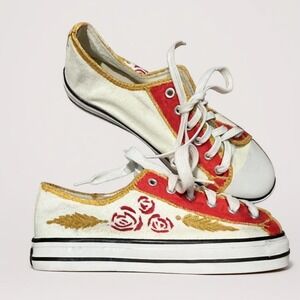 Hand-Painted Canvas Sneakers With Floral Design Gold & Red Accents Lace-Up Closu
